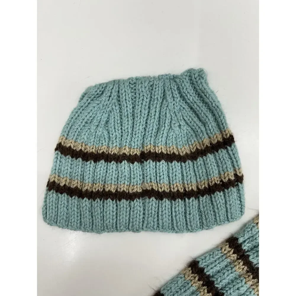 Handmade Childrens Winter Hat and Scarf Set Blue Brown Striped Knit